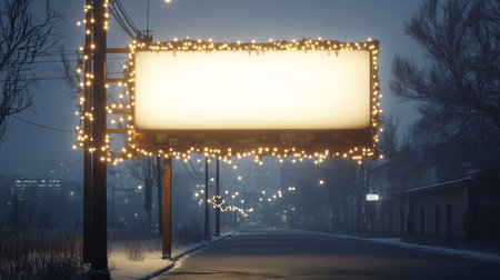 Empty illuminated billboard on a quiet street during a foggy winter eveningの素材