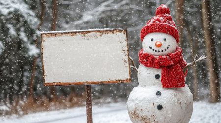 A cheerful snowman wearing red scarf and hat stands beside a blank sign in a snowy forestの素材