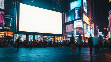 A large billboard in Times Square displays a blank advertisement at nightの素材