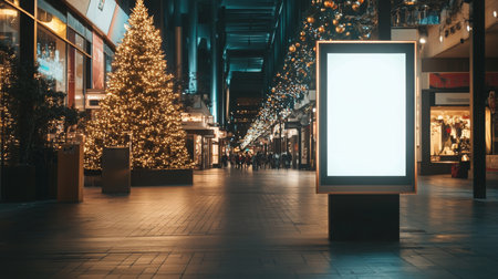 Festive shopping corridor with Christmas lights and decorations at nightの素材