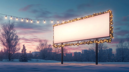 A billboard decorated with lights stands in a snowy field at sunsetの素材