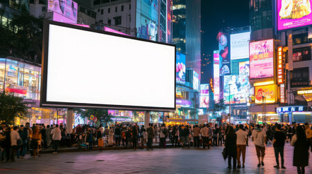 A large billboard in a bustling city at night is blank and ready for an advertisementの素材