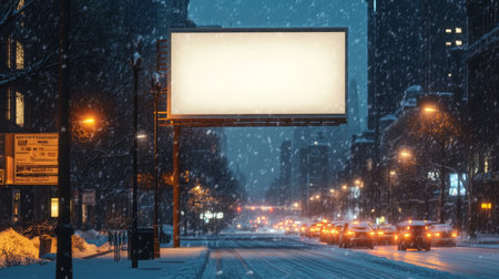 Snowy winter evening in the city with an empty billboard and illuminated street lampsの素材