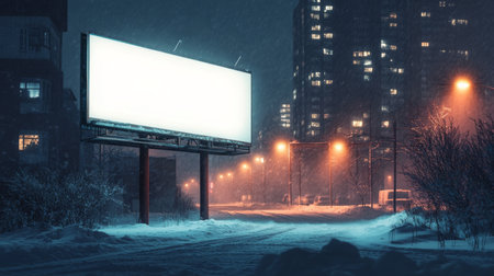A blank billboard illuminated by streetlights in a snowy urban setting at nightの素材