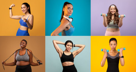 Group of diverse women engaging in workout activities at home during daylightの写真素材