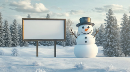 A cheerful snowman stands beside a blank sign in a snowy forest on a bright winter dayの素材