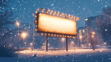 Snow-covered billboard illuminated at night in a quiet urban setting during winter seasonの素材