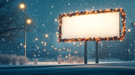 A snowy evening with an empty billboard adorned in festive lights beside a quiet roadの素材