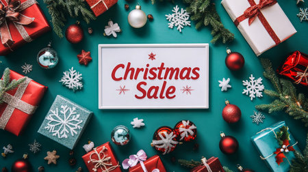 Festive Christmas sale display with colorful gifts and decorations on a teal backgroundの素材