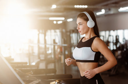 Sports and workout. Young woman with headphones using treadmill in gym