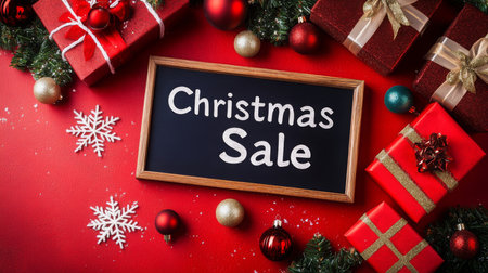A Christmas sale sign surrounded by red and gold gift boxes on a red backgroundの素材