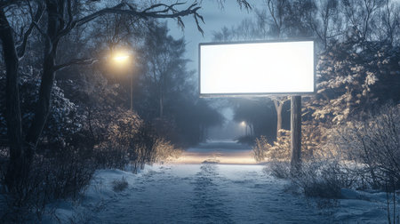 Snow-covered path illuminated by streetlights next to blank billboard in a quiet woodlandの素材