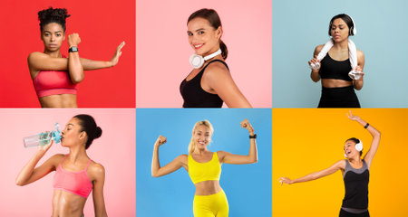 Dynamic fitness women showcasing diverse workout routines in colorful attireの写真素材