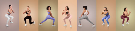 Diverse group of women performing various squats in activewear indoorsの写真素材