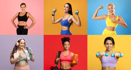 Diverse group of women exercising with weights in vibrant colored backgroundsの写真素材