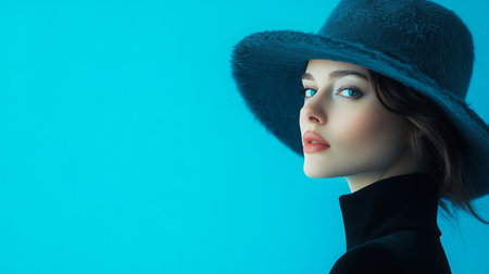 Young woman in stylish hat posing against bright blue background with a serene expressionの素材