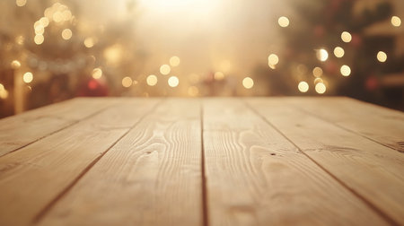 The warm wooden table is positioned in a cozy space filled with softly glowing lightsの素材