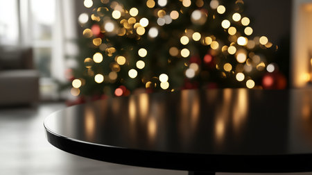 Cozy holiday atmosphere with blurred Christmas tree and reflective table in a living roomの素材