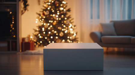 A white platform sits in front of a decorated Christmas treeの素材