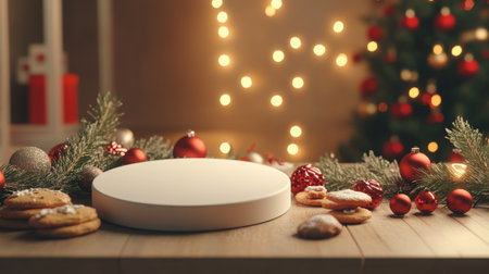 A cozy Christmas setting with cookies and decorations on a wooden table in warm lightの素材