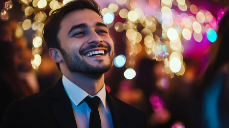 A man in a suit smiles brightly at a party with a blurry background of lightsの素材