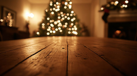 A wooden table sits in front of a decorated Christmas treeの素材
