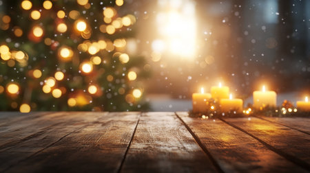 Cozy winter evening with glowing candles and a festive tree illuminated by soft lightsの素材