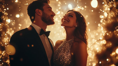A couple enjoying a romantic moment under sparkling lights at an evening eventの素材