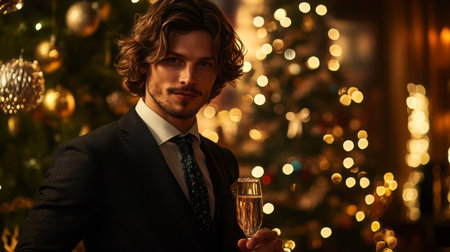Stylishly dressed man toasting with champagne in a beautifully decorated Christmas settingの素材