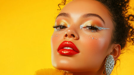 A woman with sparkling makeup poses against a bright yellow backgroundの素材