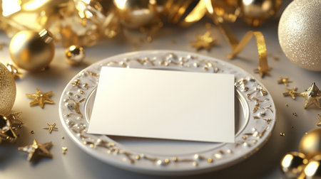 Elegant holiday setting with a blank card on decorative plate surrounded by gold ornamentsの素材