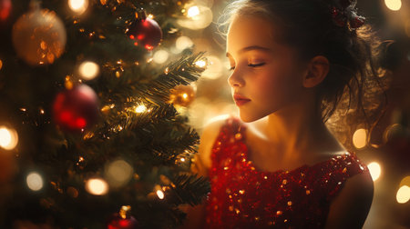 A young girl admires beautifully decorated Christmas tree filled with lights and ornamentsの素材