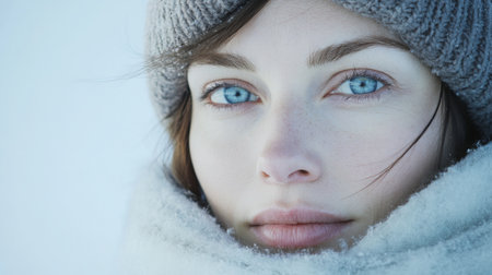 Young woman with blue eyes and warm scarf, enjoying a winter day in a snowy landscapeの素材
