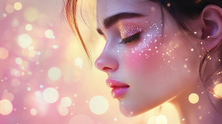 Sparkling makeup look with glitter highlights on the models face in a dreamy backgroundの素材