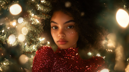 Young woman surrounded by Christmas lights and greenery, showcasing holiday spirit at homeの素材