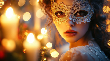 Enchanting masked woman in a festive setting with candles and soft lights during winterの素材