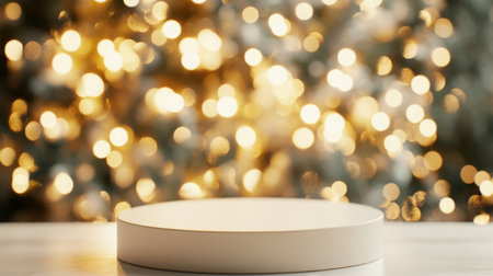 A circular display stand set against a shimmering backdrop of festive lights at nightの素材