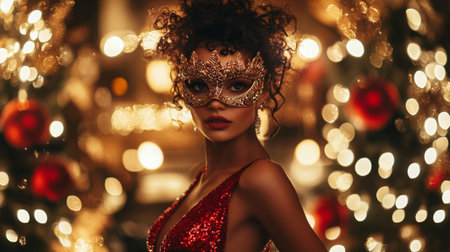 Elegant woman in a festive mask poses gracefully amidst twinkling holiday lights at nightの素材