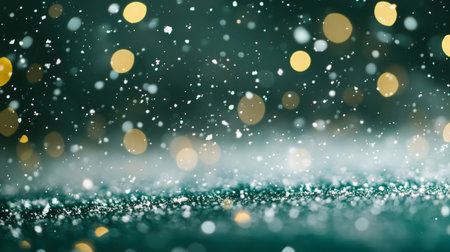 Soft snowfall dances above a winter landscape illuminated by warm, glowing bokeh lightsの素材