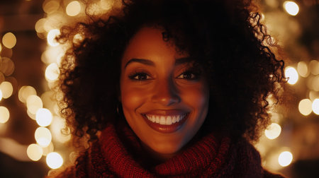 A woman smiles brightly in front of a blurry background of twinkling lightsの素材