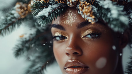 Close-up of a woman with golden makeup and a winter-themed crown of pine and snowの素材