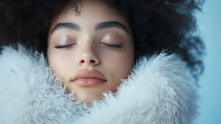 A woman with dark hair and a fuzzy white collar rests with her eyes closedの素材