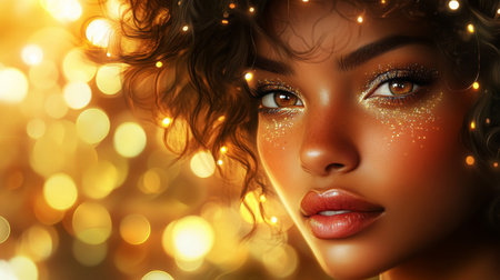A woman with curly hair and sparkling makeup stands against a golden festive backgroundの素材