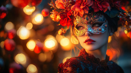 A woman in a mask and flower crown gazes away, with a backdrop of lightsの素材