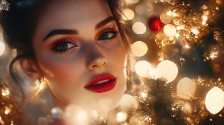 A woman with red lips surrounded by festive lights and ornaments during the holiday seasonの素材