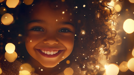 A young girl smiles brightly as lights twinkle around herの素材