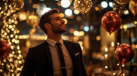 A man in a suit smiles at a party with festive lights and balloonsの素材