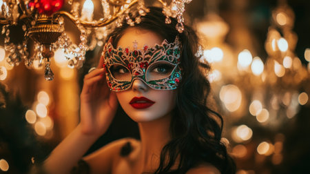 A woman in a masquerade mask looks into the camera in a dimly lit roomの素材