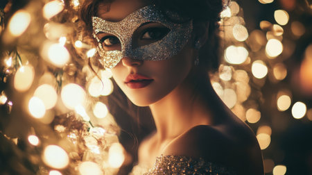 A woman in sparkling mask poses elegantly amidst twinkling lights at festive evening eventの素材