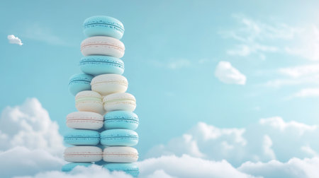 Colorful macarons stacked on a fluffy cloud against a bright blue sky at daytimeの素材
